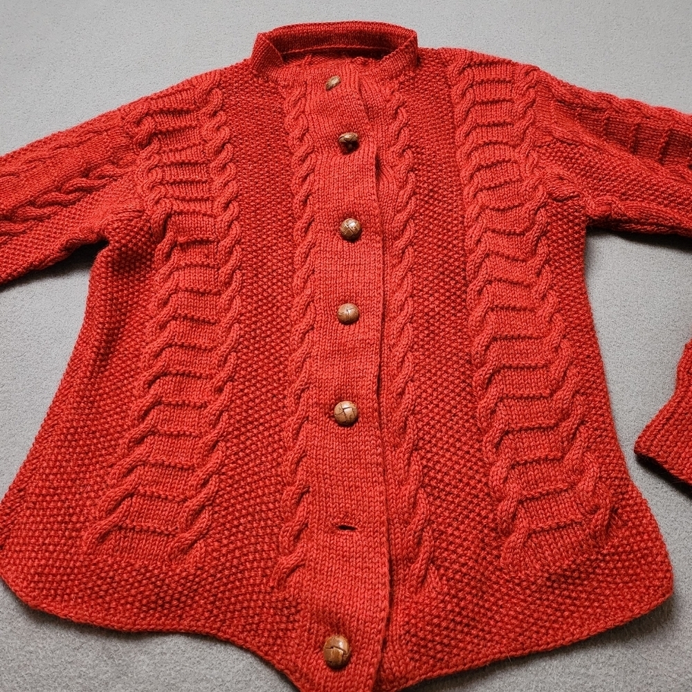 Hand Knit Cable Knit Wool Cardigan Sweater Cardigan Hand Knit Vtg - Picture 2 of 15